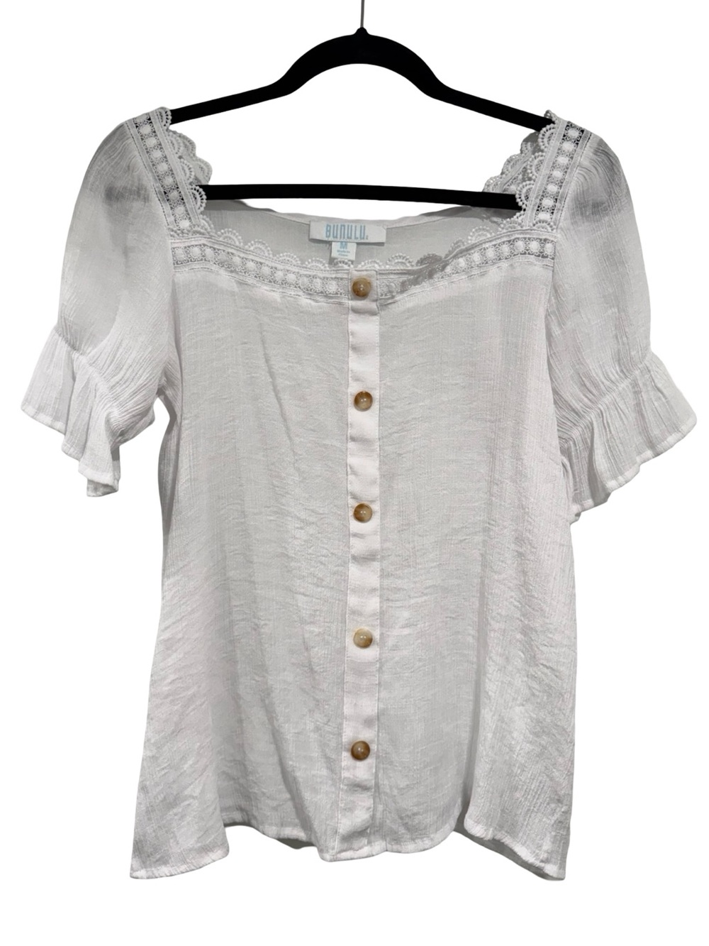 White Lace-Trim Button Front Women's Top
